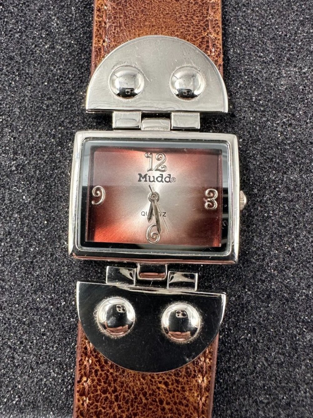 Mudd Watch Women Silver Tone Square Dial Faux Brown Band New Battery 9"